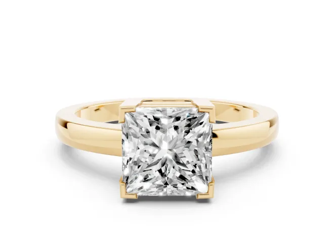 Princess Cut Diamond Solitaire Ring Set in Yellow gold with Prong Head and Smooth Polished Band