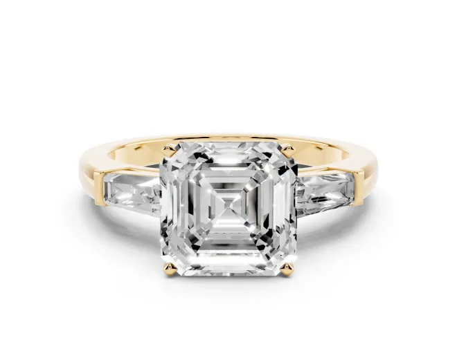 Asscher Cut Three Stone Engagement Ring Setting | Tapered Baguettes | Yellow Gold