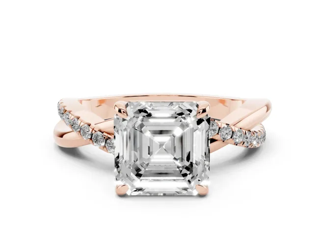 Asscher Cut Pavé Twist Engagement Ring Setting | Crossover Band | Rose Gold