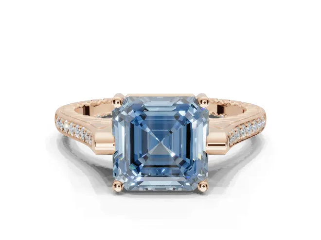 Asscher Cut Vintage Cathedral Engagement Ring Setting for a Fancy Blue Lab-Grown Diamond | Carved Band | Rose Gold
