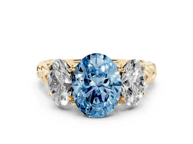 Oval Three Stone Engagement Ring Setting for a Fancy Blue Lab-Grown Diamond | Braided Band | Yellow Gold