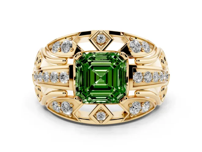 Fancy Green Asscher Cut Diamond Art Deco Ring Set in Yellow gold with Pavé Split Shank