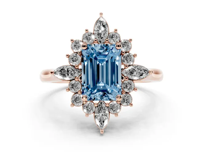 Fancy Blue Emerald Cut Diamond Cluster Halo Ring Set in Rose gold with Marquise and Round Accents
