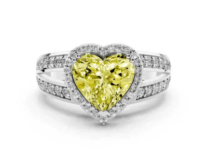 Fancy Yellow Heart Cut Diamond Halo Ring Set in White gold with Double Pavé Split Shank