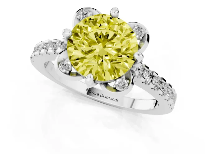 Fancy Yellow Round Cut Diamond Solitaire Ring Set in White gold with Pavé Band and Floral Prong Setting – second view