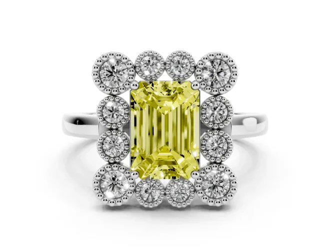 Fancy Yellow Emerald Cut Diamond Cluster Halo Ring Set in Platinum with Milgrain Bezel Accents and Plain Band