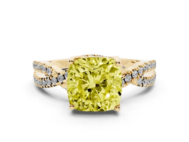Cushion Cut Twisted Pavé Engagement Ring Setting for a Fancy Yellow Lab-Grown Diamond | Split Shank | Yellow Gold