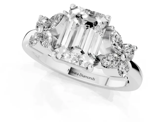 Emerald Cut Diamond Floral Cluster Ring Set in White gold with Marquise Petals and Prong Setting – second view
