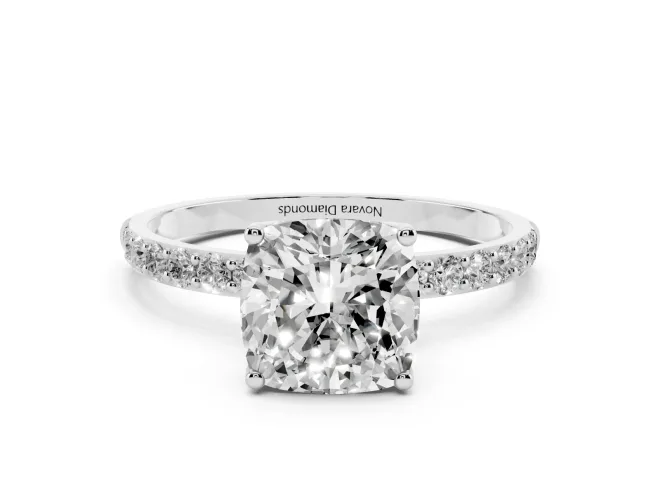 Cushion Cut Pave Solitaire Engagement Ring Setting | Fine Line Pave Band | Platinum