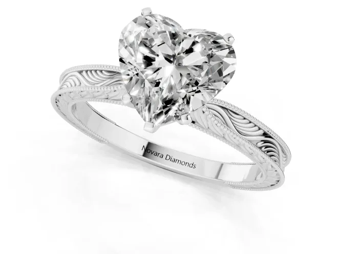 Heart Cut Diamond Solitaire Milgrain Engraved Band Set in Silver with Prong Setting – second view