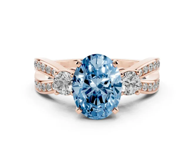 Oval Three-Stone Twist Engagement Ring Setting for a Fancy Blue Lab-Grown Diamond | Rose Gold