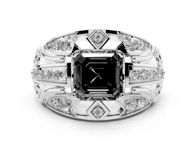 Fancy Black Asscher Cut Diamond Art Deco Ring Set in White gold with Pavé Split Shank