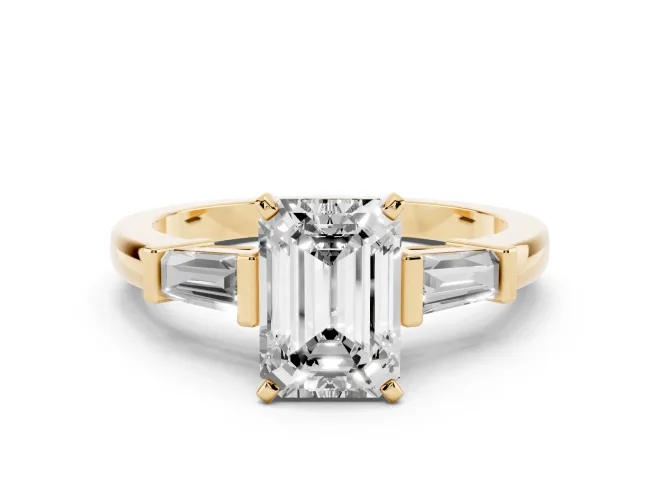 Emerald Cut Three-Stone Engagement Ring Setting | Tapered Baguettes | Yellow Gold