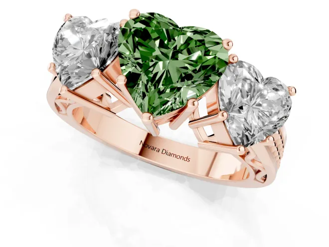 Fancy Green Heart Cut Diamond Three-Stone Ring Set in Rose gold with Textured Band – second view