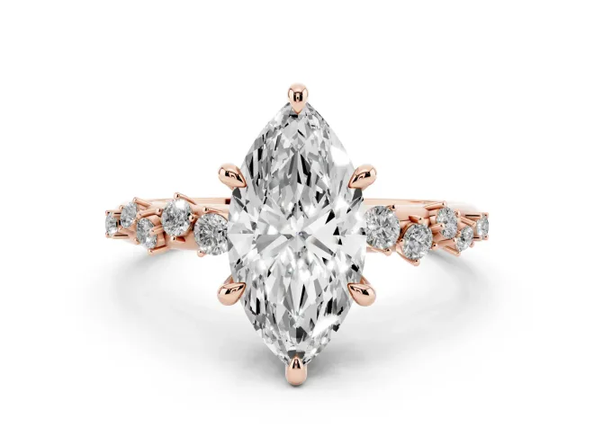 Marquise Cut Diamond Solitaire Vine Band Ring Set in Rose gold with Round Accents and Prong Setting