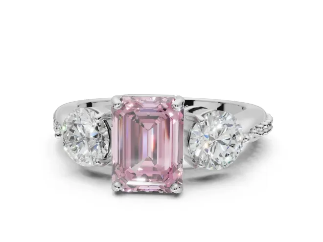 Emerald Cut Three Stone Engagement Ring Setting for a Fancy Pink Lab-Grown Diamond | Tapered Pave Band | Sterling Silver