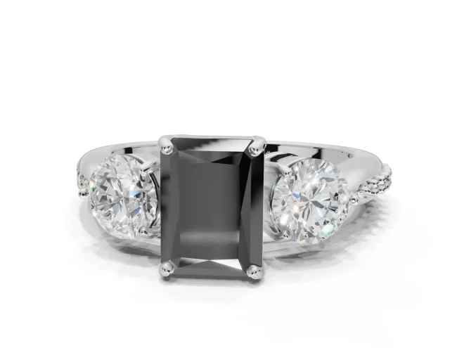 Radiant Cut Three Stone Engagement Ring Setting for a Black Center | Tapered Pavé Band | White Gold