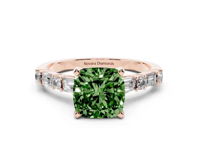 Cushion Cut Baguette Side Stone Engagement Ring Setting for a Fancy Green Lab-Grown Diamond | Rose Gold