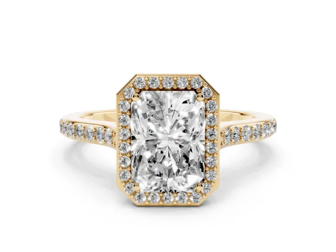 Radiant Cut Diamond Halo Engagement Ring Set in Yellow gold with Round Pavé Shoulders and Heart Gallery