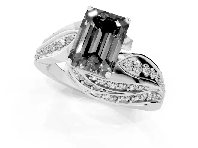 Fancy Black Emerald Cut Diamond Solitaire Ring Set in White gold with Layered Twist Pavé Band – second view