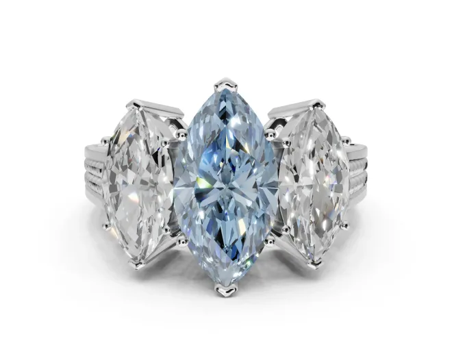 Marquise Three Stone Engagement Ring Setting for a Fancy Blue Lab-Grown Diamond | Beaded Shoulders | Sterling Silver