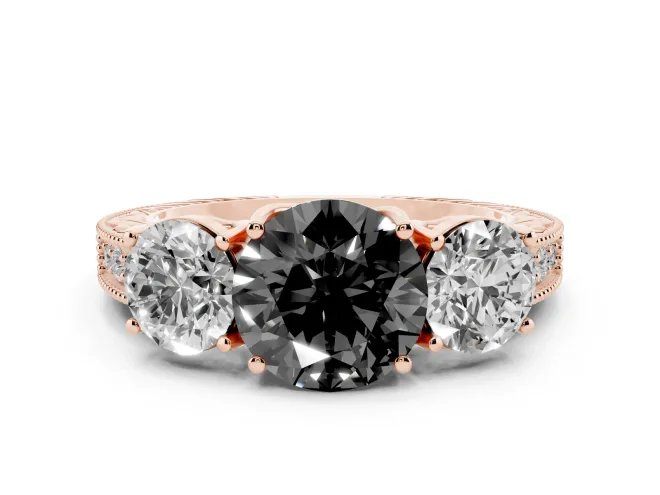 Fancy Black Round Cut Diamond Three-Stone Engagement Ring Set in Rose gold with Milgrain Pavé Band