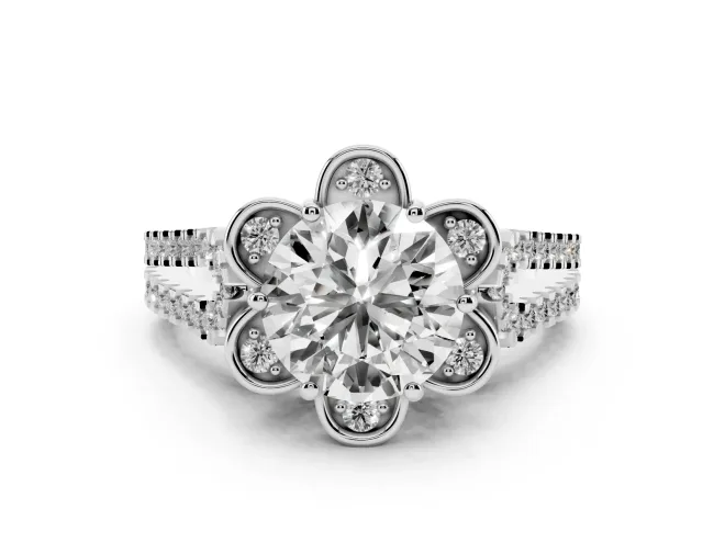 Round Cut Diamond Floral Halo Split Shank Engagement Ring Set in White gold with Pavé Shank