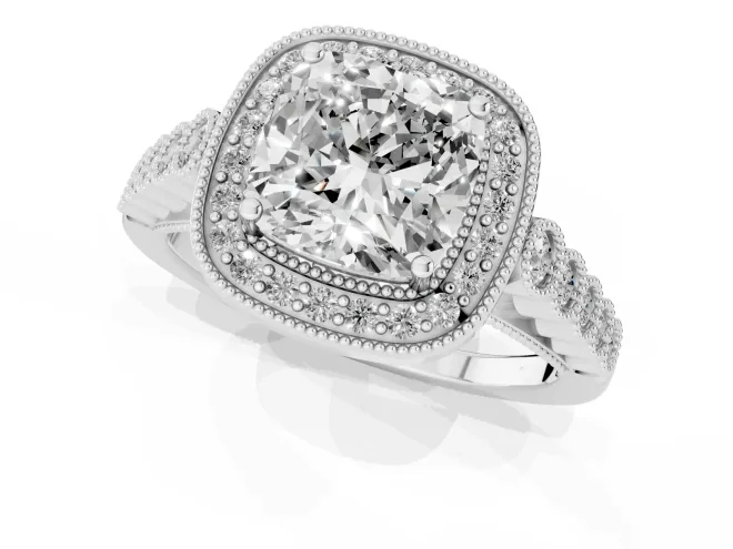 Cushion Cut Diamond Milgrain Halo Solitaire Ring Set in White gold with Bezel Set Side Stones and Pavé Band – second view
