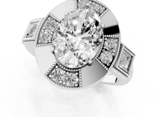 Oval Cut Diamond Milgrain Halo Ring Set in Silver with Split Shank – second view