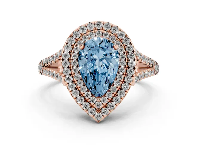 Fancy Blue Pear Cut Diamond Double Halo Ring Set in Rose gold with Pavé Band