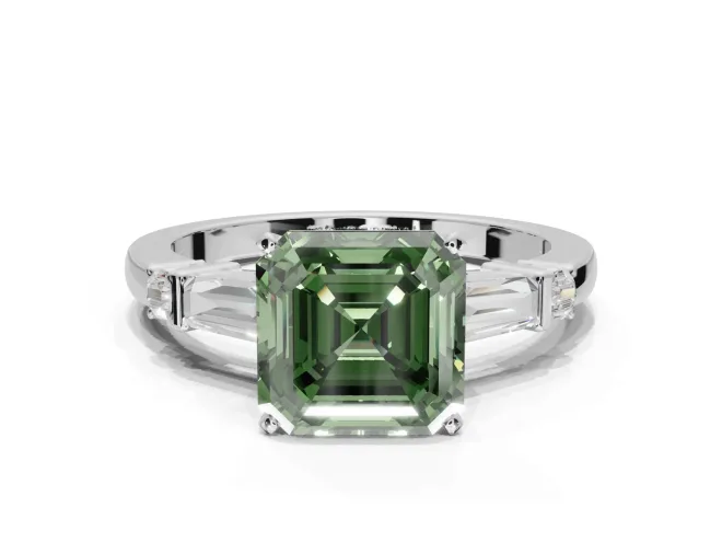 Asscher Cut Tapered Baguette Engagement Ring Setting for a Fancy Green Lab-Grown Diamond | Bar Set Sides | White Gold