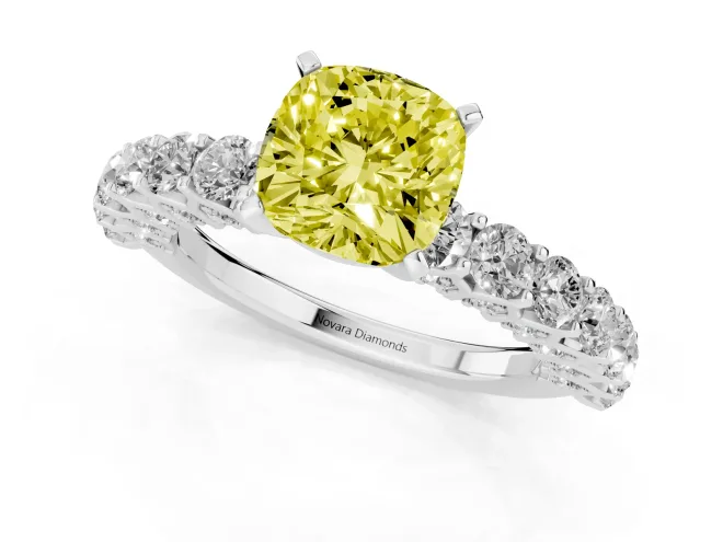 Fancy Yellow Cushion Cut Diamond Solitaire Ring Set in White gold with Shared Prong Pavé Band – second view