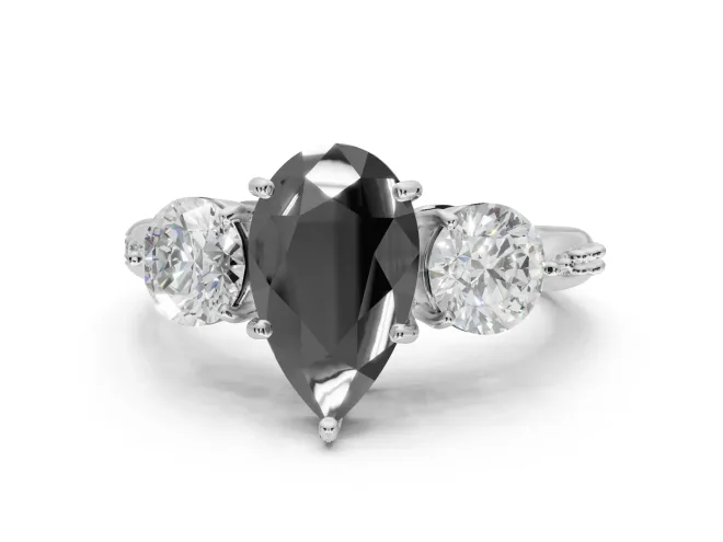 Pear-Shaped Three Stone Engagement Ring Setting for a Black Center | Tapered Pavé Band | White Gold
