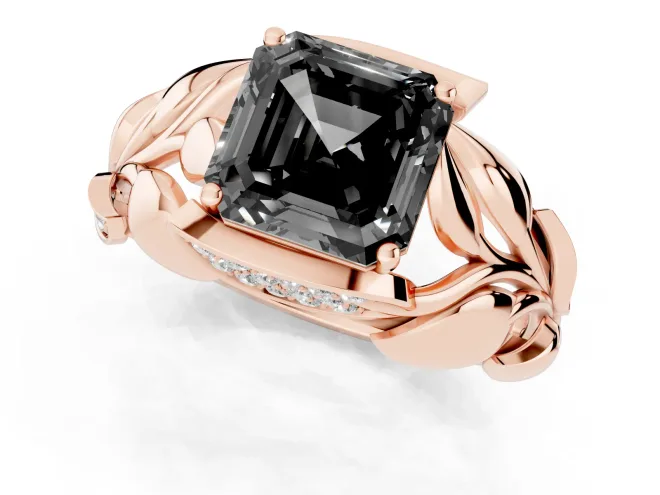 Fancy Black Asscher Cut Diamond Leaf-Inspired Engagement Ring Set in Rose gold with Round Accents – second view