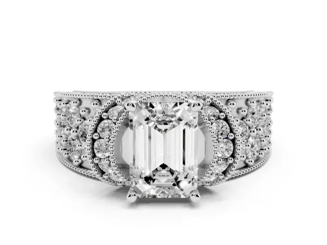 Emerald Cut Vintage Milgrain Pavé Engagement Ring Setting | Crescent Side Rows | White Gold