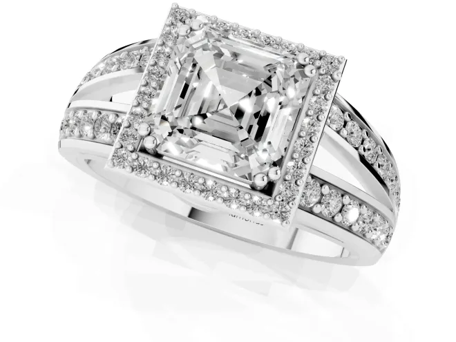 Asscher Cut Diamond Halo Ring Set in Platinum with Double Pavé Split Shank – second view