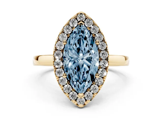 Marquise Thin Halo Engagement Ring Setting for a Fancy Blue Lab-Grown Diamond | Plain Polished Band | Yellow Gold