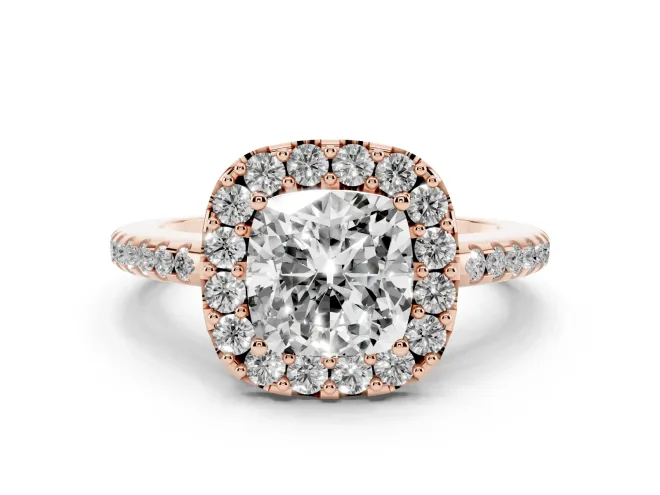Cushion Cut Diamond Pavé Halo Ring Set in Rose gold with Prong Setting