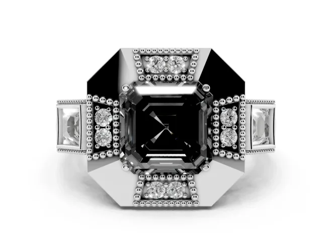 Asscher Cut Milgrain Sectioned Halo Engagement Ring Setting for a Black Center | Sterling Silver