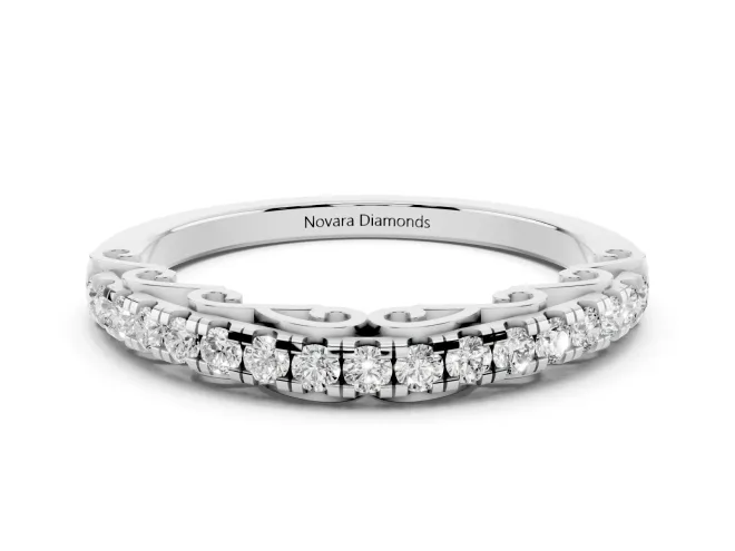 Round Lab-Grown Diamond Shared Prong Half Eternity Wedding Band | Scroll Gallery | Sterling Silver