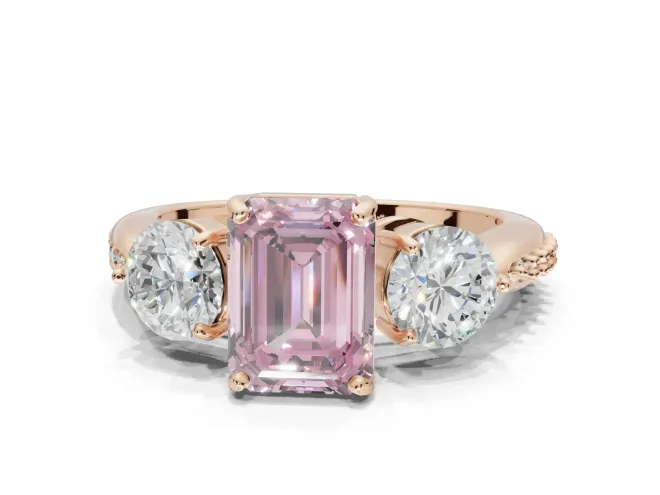 Emerald Cut Three Stone Engagement Ring Setting for a Fancy Pink Lab-Grown Diamond | Tapered Pavé Band | Rose Gold
