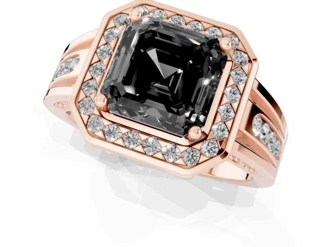 Fancy Black Asscher Cut Diamond Halo Ring Set in Rose gold with Pavé and Bezel Accent Split Shank – second view