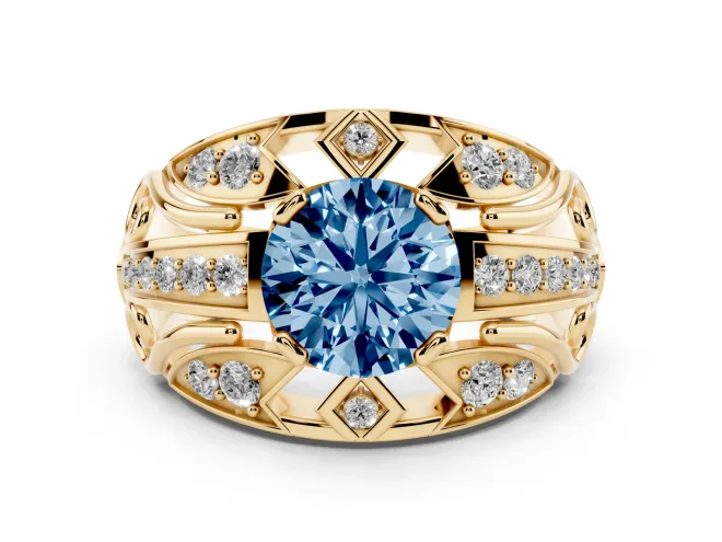 Fancy Blue Round Cut Diamond Art Deco Ring Set in Yellow gold with Pavé Split Shank