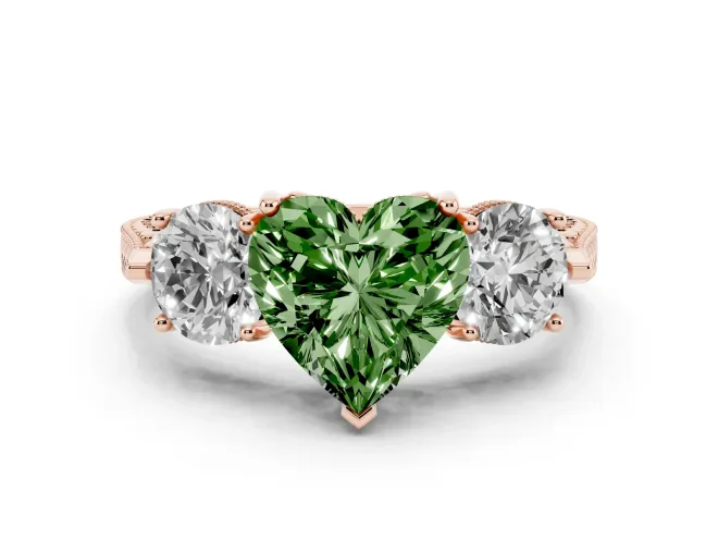 Heart-Shaped Vintage Three Stone Engagement Ring Setting for a Fancy Green Lab-Grown Diamond | Milgrain Band | Rose Gold