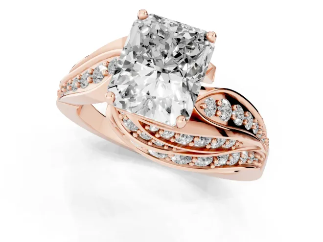 Radiant Cut Diamond Solitaire Ring Set in Rose gold with Layered Twist Pavé Band – second view