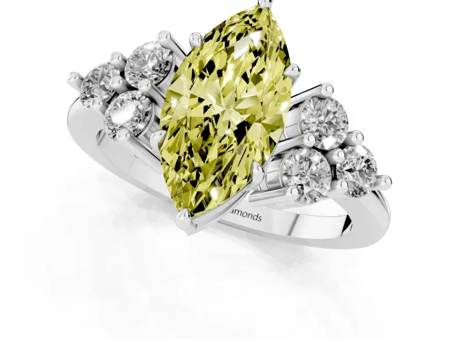 Fancy Yellow Marquise Cut Diamond Solitaire Ring Set in White gold with Cluster Accents on Each Side – second view