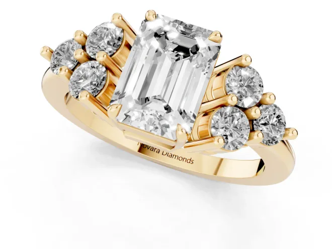 Emerald Cut Diamond Solitaire Ring Set in Yellow gold with Cluster Accents on Each Side – second view