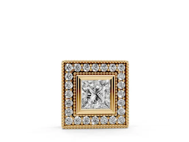 Princess Cut Lab-Grown Diamond Bezel Halo Pendant Necklace | Milgrain Edges | Yellow Gold