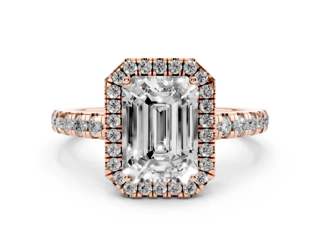 Emerald Cut Diamond Halo Ring Set in Rose gold with Delicate Pavé Band and Prong Setting