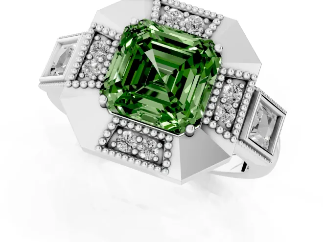 Fancy Green Asscher Cut Diamond Milgrain Halo Ring Set in White gold with Split Shank – second view